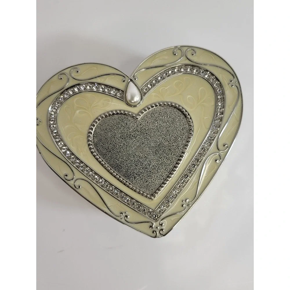 Things Remembered Heart Jewelry Box Silver Tone Rhinestone Enamel Photo Lid